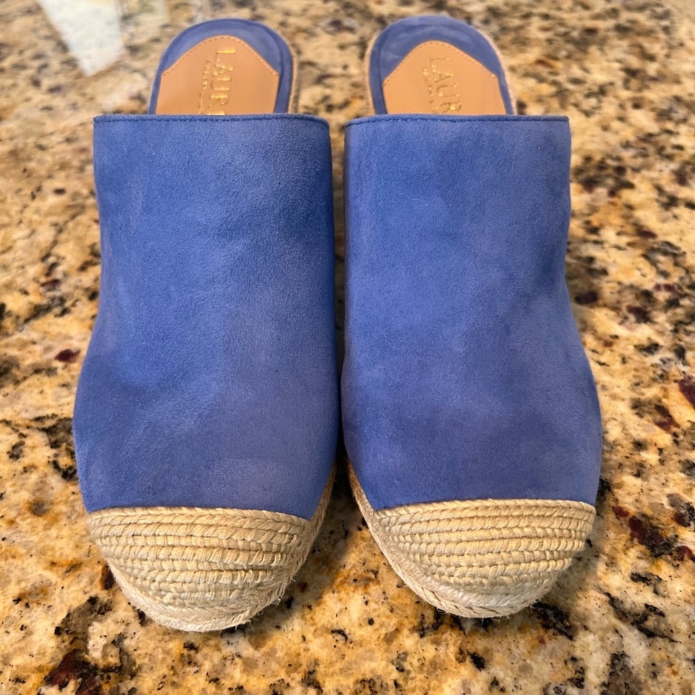 NIB Lauren Ralph Lauren Pennie Blue Suede Slip-on Espadrille Wedge Mules Size 7